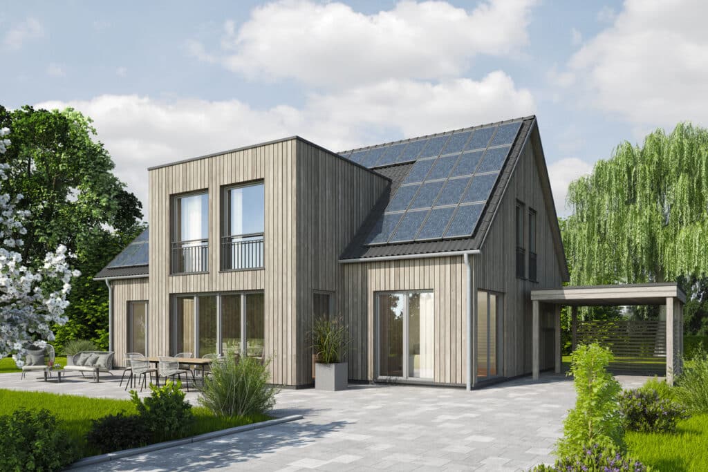 Maison moderne en bois avec extension cubique et panneaux solaires
