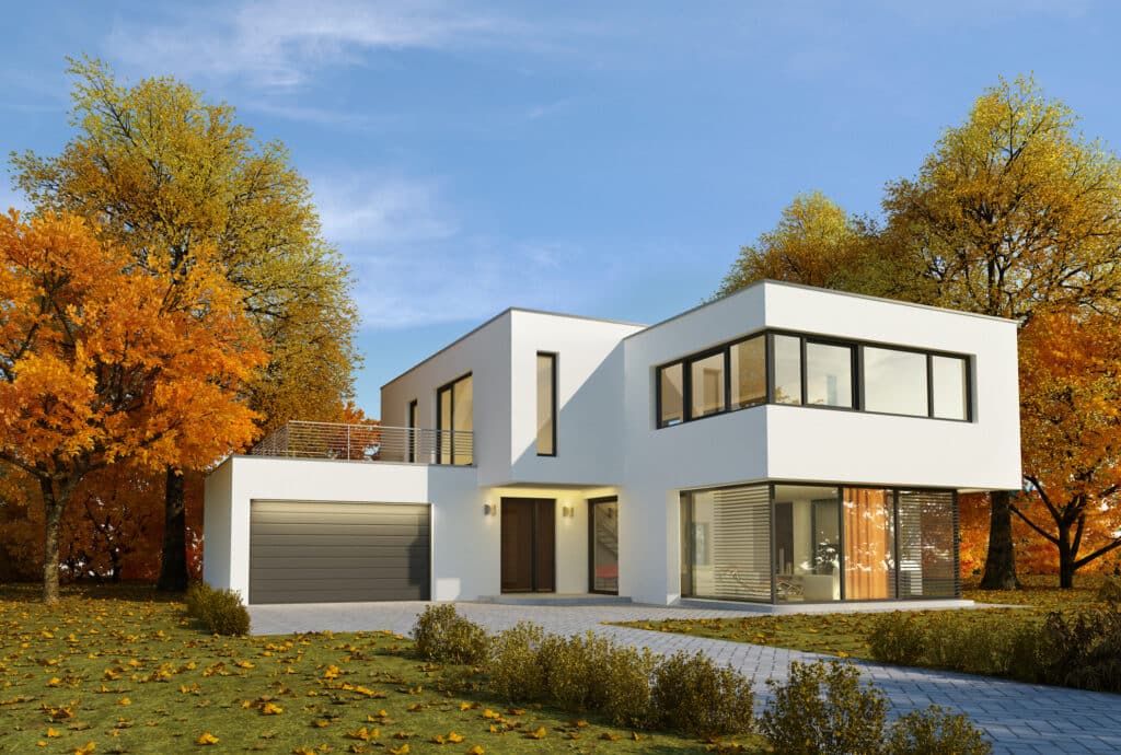 Villa cubique blanche moderne en automne